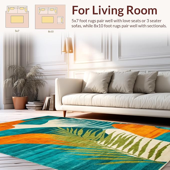 Flatwoven High Traffic Area Rug 5x7, Colorful Abstract Tropical Rug, Non Slip, Stain Resistant, Washable Area Rugs for Living Room, Bedroom (Turquoise, 5x7)