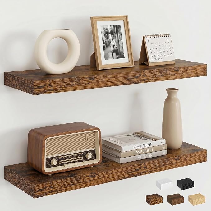 Dreamland Floating Shelves, Rustic Wooden Black Wall Shelves for Bathroom|Bedroom|Kitchen, Deep Wall Mounted Book Shelf, Wood Storage Display Shelf for Home Decor, 22.5" X 6.7" Set of 2