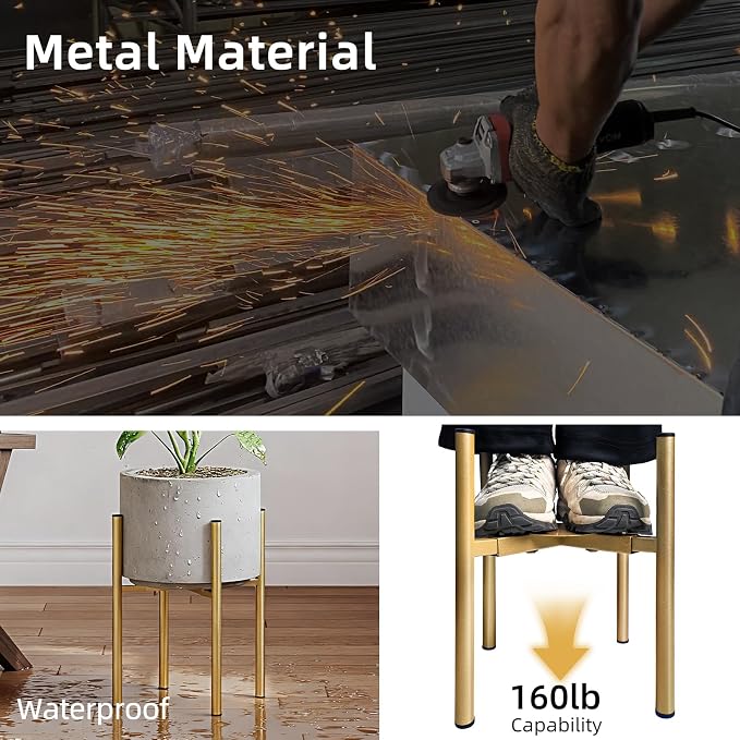 Adjustable Metal Plant Stand Indoor, Fits 8-14 Inch Pots, Mid Century Modern Gold Planter Holder,2 Heights, Heavy Duty 160 lb, Indoor Outdoor Corner Floor Pot Stand, Golden with Round Plate