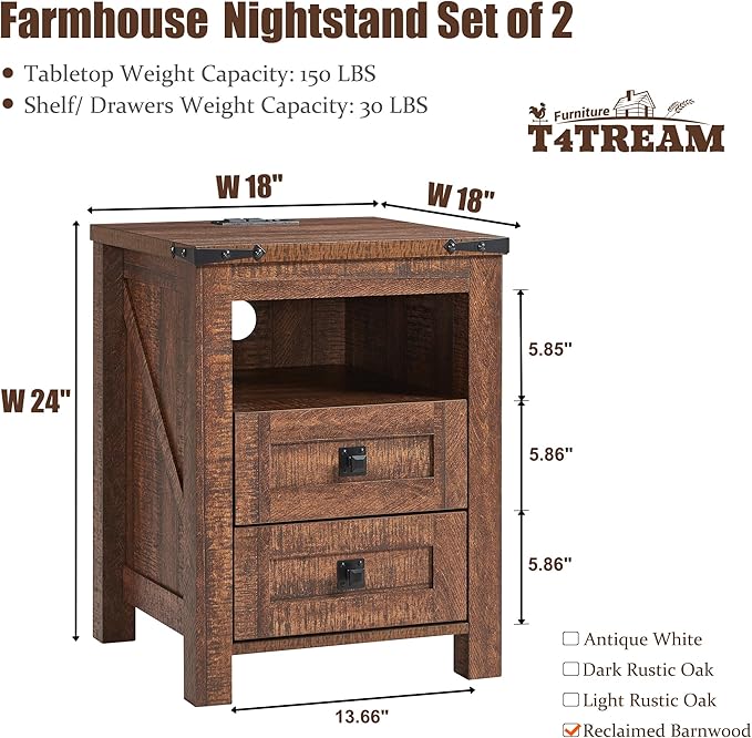 T4TREAM Farmhouse Nightstand Set of 2 with Charging Station, Rustic End Table with 2 Drawers, Storage Open Shelf for Bedroom, Living Room, Wood Side Table, Reclaimed Barnwood