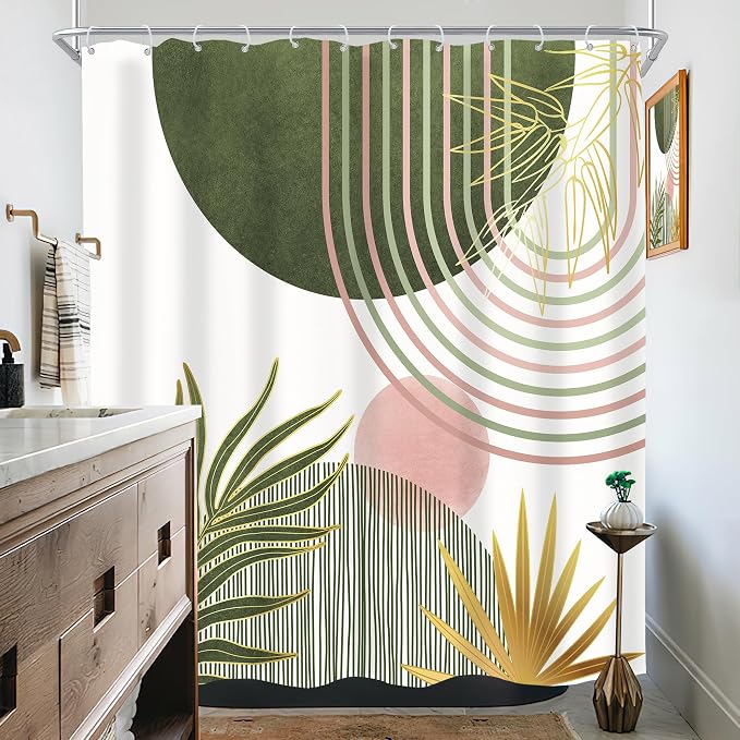 KOMLLEX Mid Century Sage Green Pink Boho Shower Curtain 72Wx72L Inches Abstract Modern Shower Curtains for Bathroom Plant Botanical Minimalist Arch Sun Fabric Liner Waterproof Polyester 12 Pack Hooks