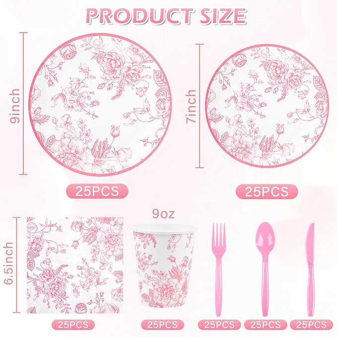 175Pcs Pink Floral Paper Plates and Napkins 25 Guests Pink White Toile Chinoiserie Party Supplies Set Include Plates Napkins Cups Spoons Forks Knives for Christmas Birthday Wedding Mother's Day