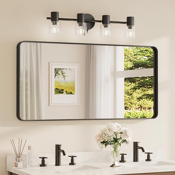 TETOTE 48 x 24 Inch Black Frame Mirror, Bathroom Vanity Mirror for Wall, Modern Rectangle Round Corner Matte Framed Mirror (Horizontal/Vertical)