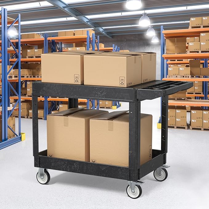Utility Cart on Wheels, 2 Shelf Heavy Duty Large Flat Top Rolling Cart, 550LBS Capacity Service Cart for Warehouse, Garage, School, Kitchens, Office