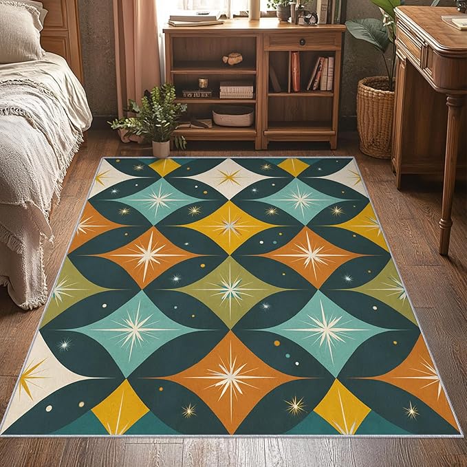 Mid Century Modern Rugs for Bedroom 7x9 ft, MCM Atomic Area Rugs for Living Room, Washable Non Slip Low Pile Abstract Geometric Carpet, Home Decor PF-P 107