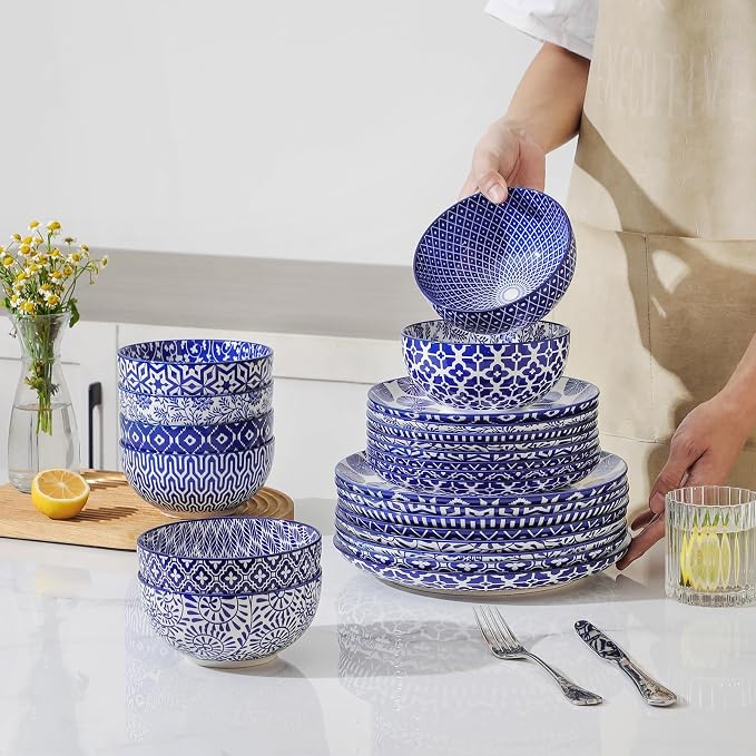Selamica Ceramic Plates and Bowls Sets,24 Pieces Dinnerware Sets for 8,Scratch Resistant Dish Set for family gathering,Dishwasher & Microwave Safe, Vintage Blue