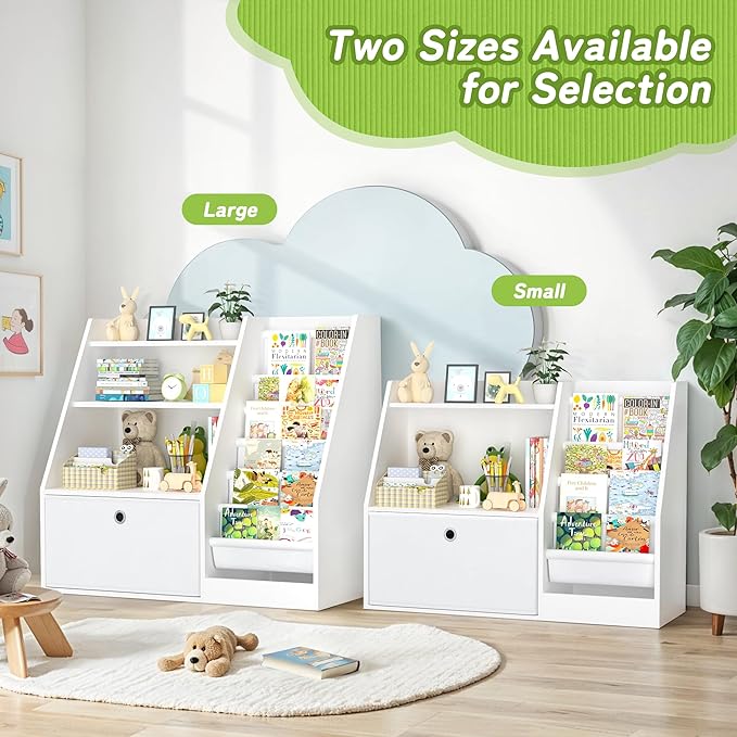 TOETOL Kids Bookshelf,Book Storage Organizer,4 Sling Toddler Wooden Book Shelf,2-Tier Kids Bookcase for Bedroom,Livingroom,Playroom,Nursery-White