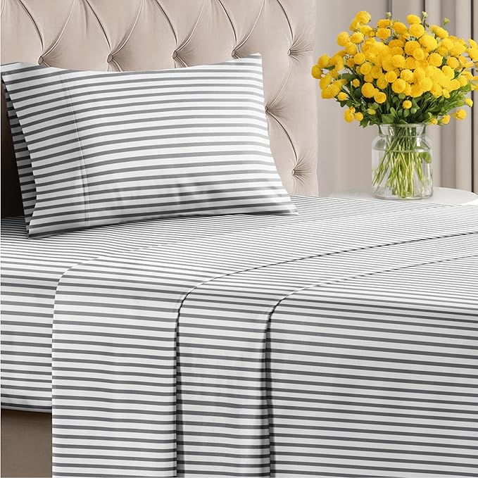 Striped Sheets - Grey Striped Sheets - 1 Flat & 1 Fitted & 1 Pillowcase w/ Deep Pockets – Wrinkle & Fade Resistant - Ultra-Soft, Breathable and Cooling – Luxury Pinstripe Bedding - Twin Size Bed Set
