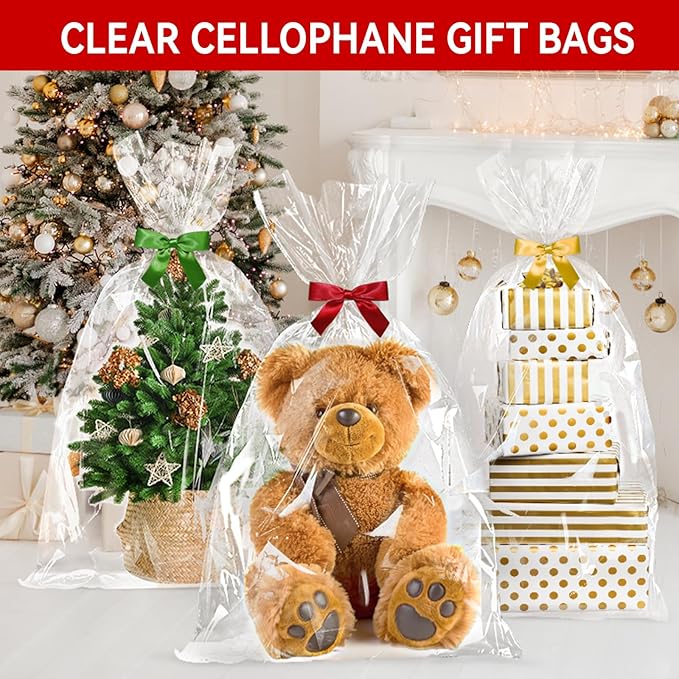 Ohuimrt 40 x 50 Inch Extra Large Cellophane Gift Bags, 6 PCS Jumbo Clear Plastic Cellophane Wrap for Gift Baskets Baby Shower Birthday Wedding Party favor