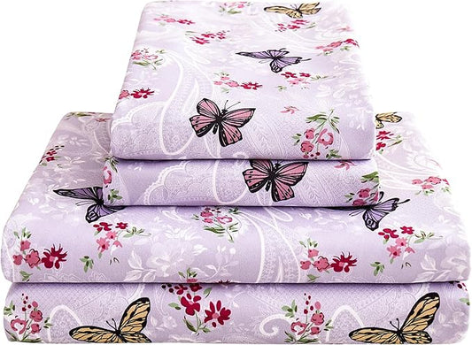 Softan Floral Twin Size Sheet Set, Purple Paisley Flower Printed Sheets for Kids Girls, Brushed Microfiber Fitted Sheet with 15" Deep Pocket & Non-Slip Straps, Butterfly Patterned Sheets