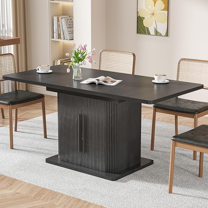 Extendable Black Dining Table for 4-6, 47-65 Inch Rectangle Dining Room Kitchen Table with Large Storage, Wood Sliding Door, Mid Century Modern Dinner Furniture, Fluted, Space Saving, Living Room