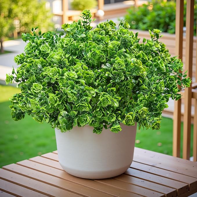 HyeFlora Artificial Plants for Outdoors Outside Spring Summer Decoration, 12 Bundles Faux Green Plastic Leaves Stems Bulk Fake Greenery Look Real UV Resistant for Home Porch Patio Planter Yard Wedding