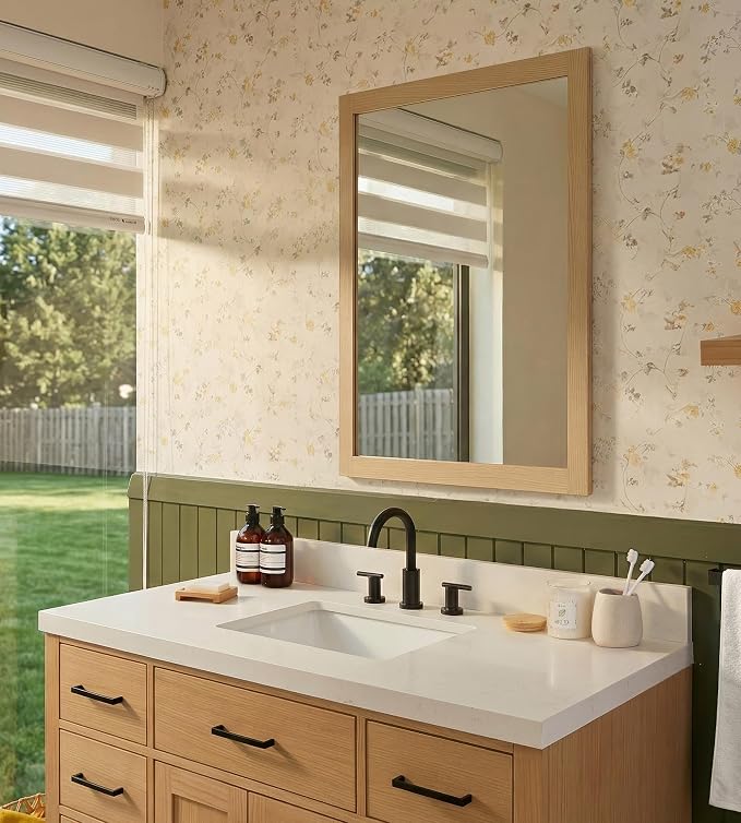 ARIEL Rectangular Wooden Mirror 24" x 36" in Natural Oak, Flexible Horizontal/Vertical Hanging for Bathroom, Vanity, Entryway & Living Room Decor, Farmhouse Style