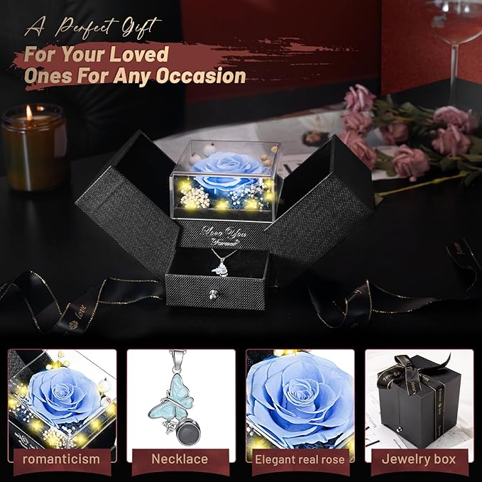 Preserved Sky Blue Real Rose with I Love You Butterfly Necklace-Eternal Flowers Rose Birthday Gifts for Women Wife Mom Girlfriend Grandma on Mothers Day Valentines Anniversary Christmas Romantic