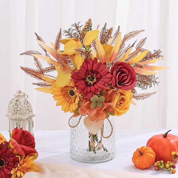 MARTINE MALL Artificial Dahlia Flowers with Vase, Silk Fall Flowers in Vase - Fall Decor for Home Centerpieces, Thanksgiving Party, Rustic Wedding