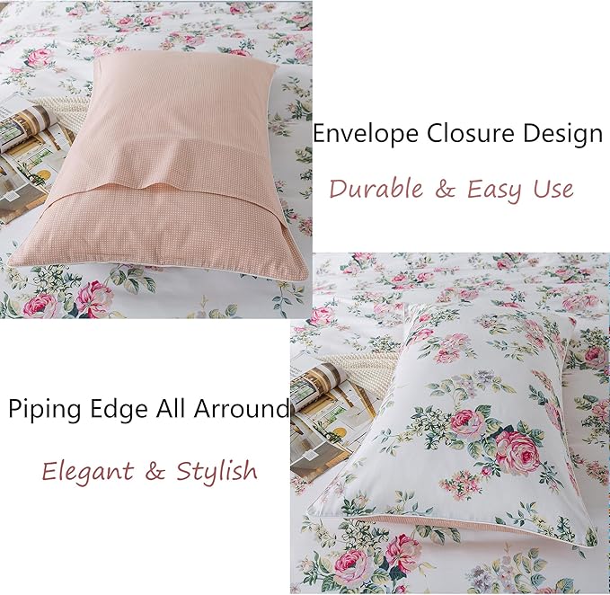 FADFAY Duvet Cover Set Full Pink Rose Floral Bedding Shabby Peony Flower Quilt Cover Set Vintage Farmhouse Bedding 100% Cotton Soft Comforter Cover Set with Hidden Zipper Closure 3Pcs, Full Size