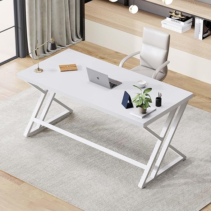 LVB White Computer Desk, Modern Wood Home Office Desk for PC Writing Work, Metal Wooden Executive Workstation Student Simple Desk, Computer Study Gaming Bedroom Table, 55 Inch, White Oak