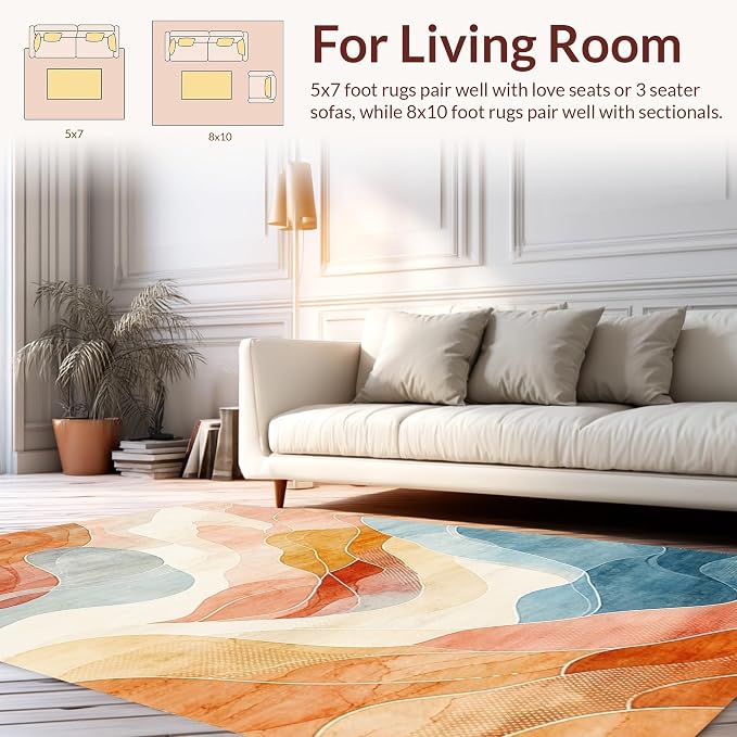 Flatwoven High Traffic Area Rug 5x7, Abstract Area Accent with Wave, Non Slip, Stain Resistant, Washable Area Rugs for Living Room, Bedroom (Orange, 5x7)