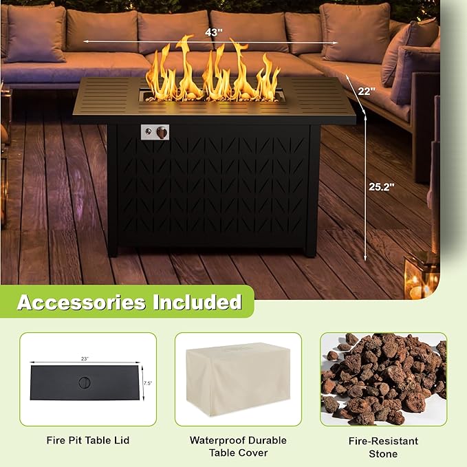 43" Rectangular Propane Fire Pit for Outside Patio 2 in 1, 50,000 BTU Fireplaces with Lid, Glass Rocks, Cover