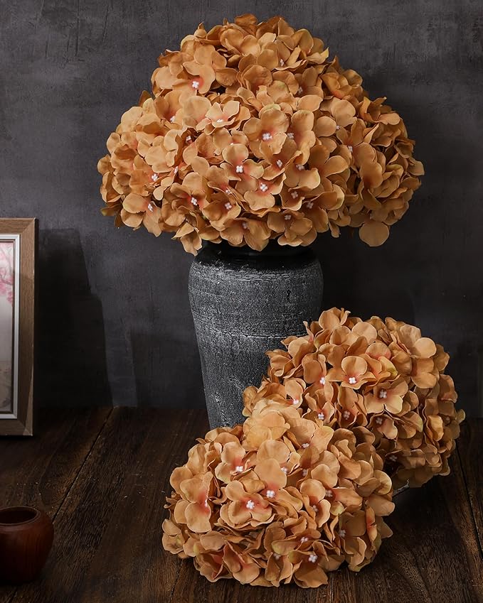 DuHouse Hydrangea Silk Flowers Artificial Hydrangea Heads with Stem Fake Flowers for Wedding Home Garden Centerpiece Pack of 6 (Coffee)
