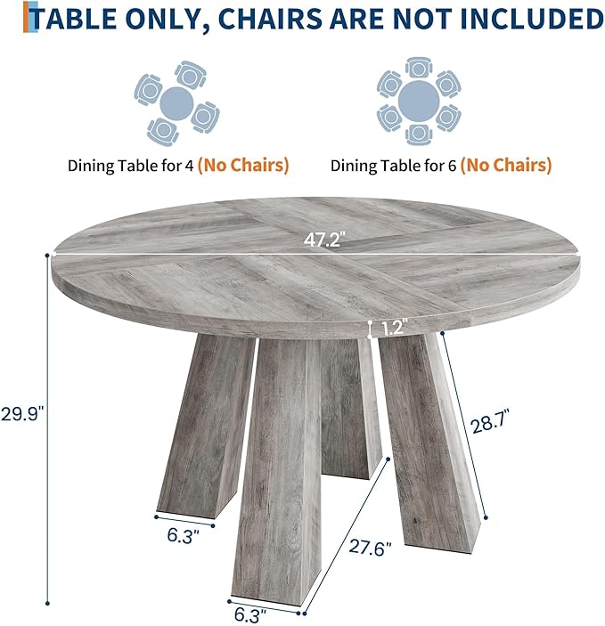 IDEALHOUSE 47" Round Dining Table for 4-6, Wood Kitchen Table with Sturdy Base, Farmhouse Circle Dinner Table for Dining Room, Living Room, 4 Strong Legs, Grey