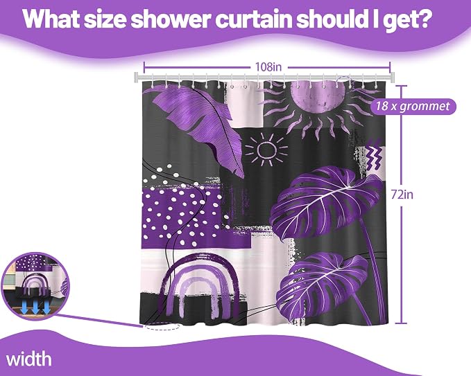 Extra Long Shower Curtain Extra Tall Purple and Gray Dark Purple and Grey XL Boho Shower Curtains for Large Bathroom Decor Sets, Waterproof Cloth Fabric with Hooks, 108x72 Inch