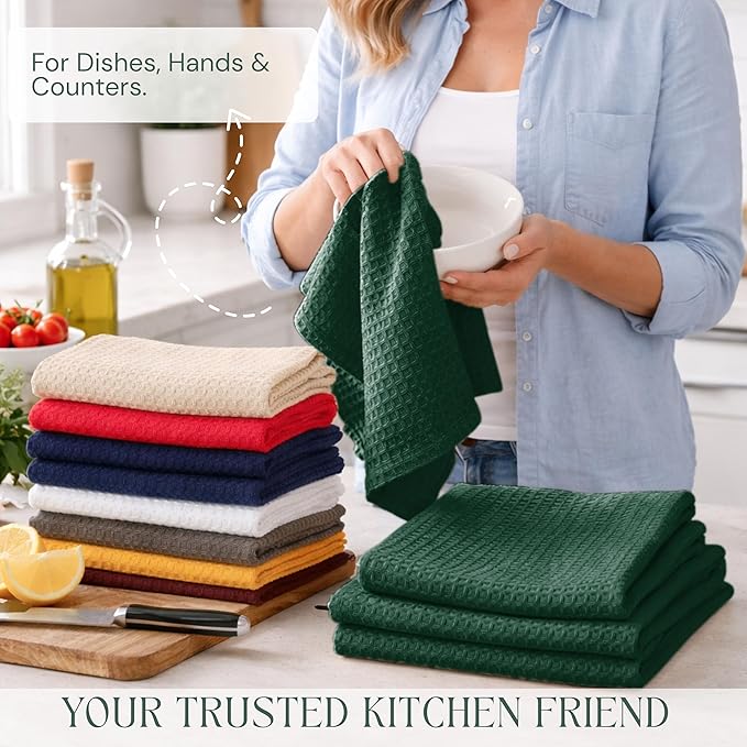 Forest Green Kitchen Dish Towels Set of 12-100% Cotton Waffle Weave, Super Absorbent, Soft, Quick Drying, 16x26 Inches, Ideal for Cleaning, Bar, Tea, and Everyday Use, Olive Green