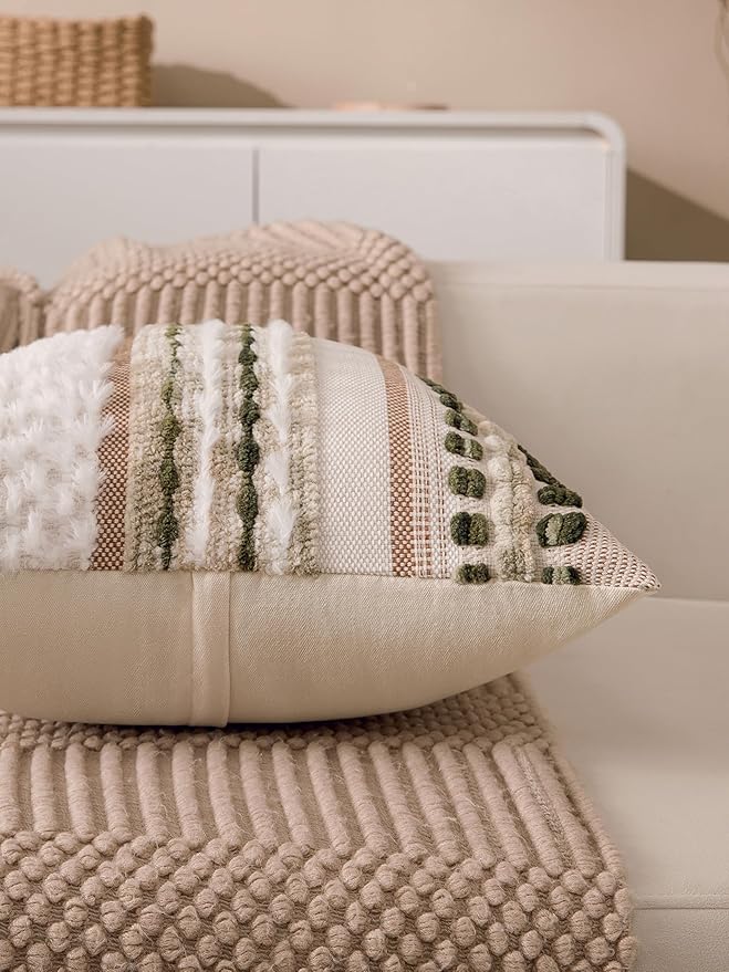 KOOLIFE Boho Chenille Tufted Couch Throw Pillow Covers 18x18 Inch Set of 2 Farmhouse Striped Decorative Pillow Covers Accent Neutral Square Pillowcase Green Cushion Covers for Livingroom Sofa Bed