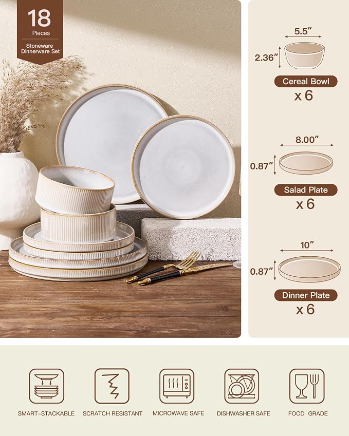 Stoneware Plates and Bowls Dishes Sets for 6 (18-Piece), Famiware Premium Handcrafted Reactive Glaze Dinnerware Set with Raised Rim, Scratch Resistant, Microwave Dishwasher Safe, Cappuccino White