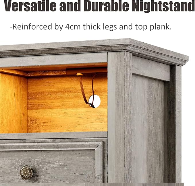 LGHM Set of 2 Nightstand with Charger Station Strip Lights, 20" W Large Night Stand with 2 Drawers, Accent Bed Side Table and End Table, Large Open Cubby, Stable Thick Wood Legs, Timeless Look,Gray