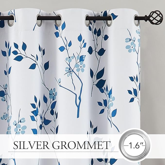 Beauoop Floral 100% Blackout Curtains 90 Inches Long 2 Panels for Bedroom Living Room Navy Blue and White Flower Patterned Room Darkening Thermal Soundproof Grommet Window Treatments Drapes, 52X90
