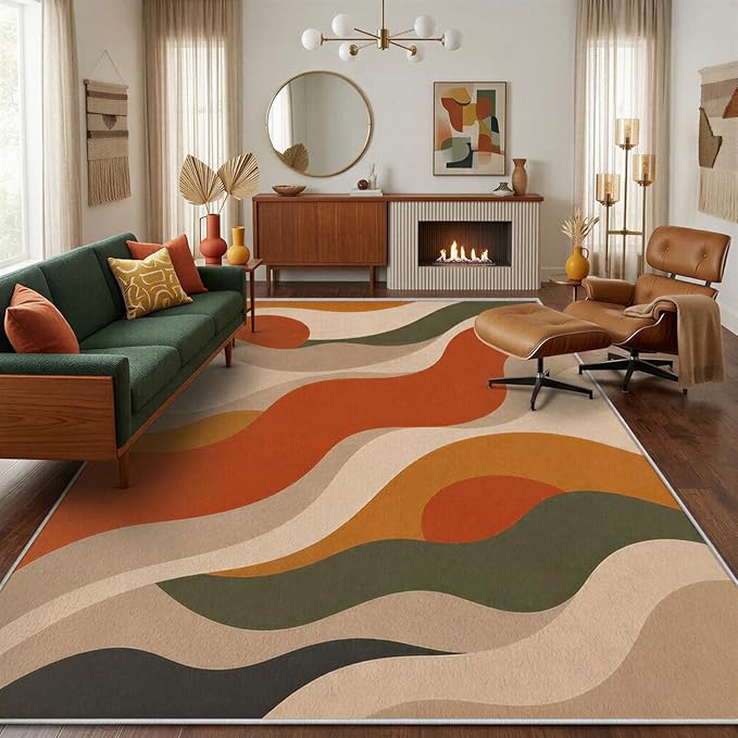 Burnt Orange Abstract Area Rug 6x9, Mid Century Modern Wave Rug, Retro Wavy Geometric Washable Low Pile Non Slip Rug for Living Room Bedroom