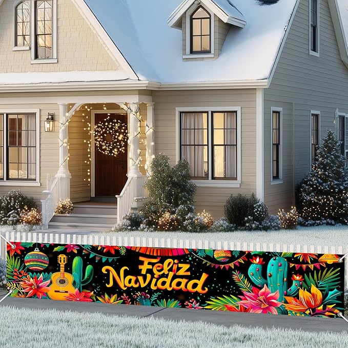 Feliz Navidad Banner 118 x 20 Inch Mexican Christmas Backdrop with Guitar Cactus Poinsettia Flowers Large Holiday Party Wall Decoration for Outdoor Fence Yard Porch Photography