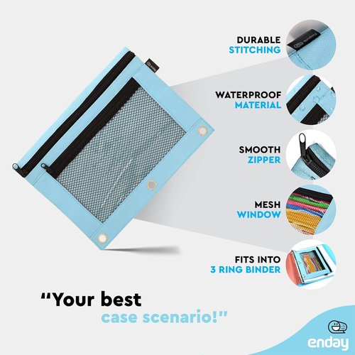 Enday Blue Pencil Pouch - Zippered 3 Ring Binder Case for School, Home & Office | Large Size