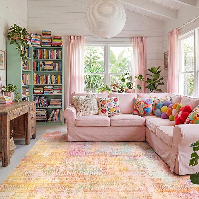 Kokia Abstract Area Rugs 8x10 Bedroom Soft Living Room Rugs Washable Distressed Vintage Comfy Pink Orange Carpet with Non-Slip Backing for Farmhouse Home Office Room Decor, Oslo Sunrise