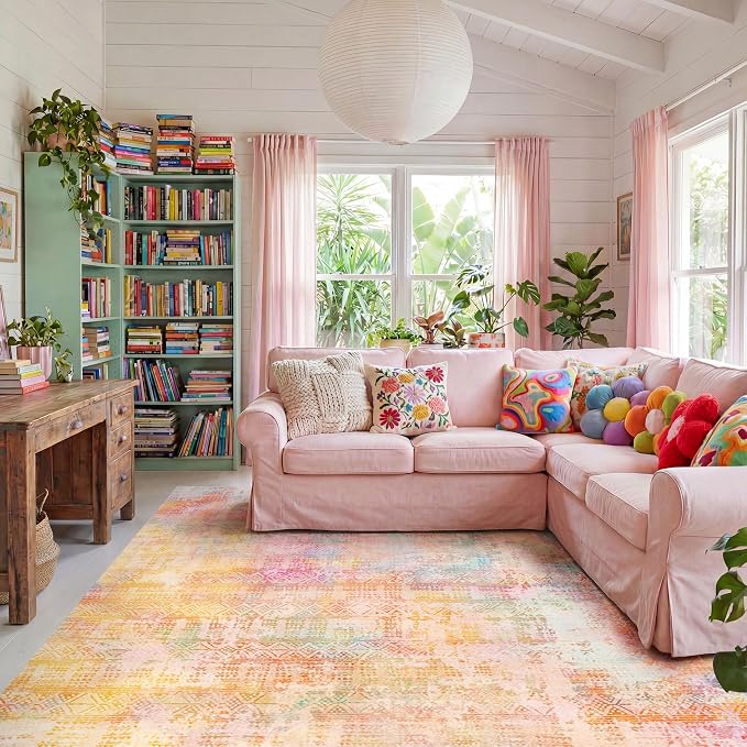 Kokia Abstract Area Rugs 9x12 Bedroom Washable Decor Low Pile Non-Slip Non-Shedding Indoor Pink Orange Carpet Foldable Stain Resistant Floor Mat Living Room Dining Room, Oslo Sunrise