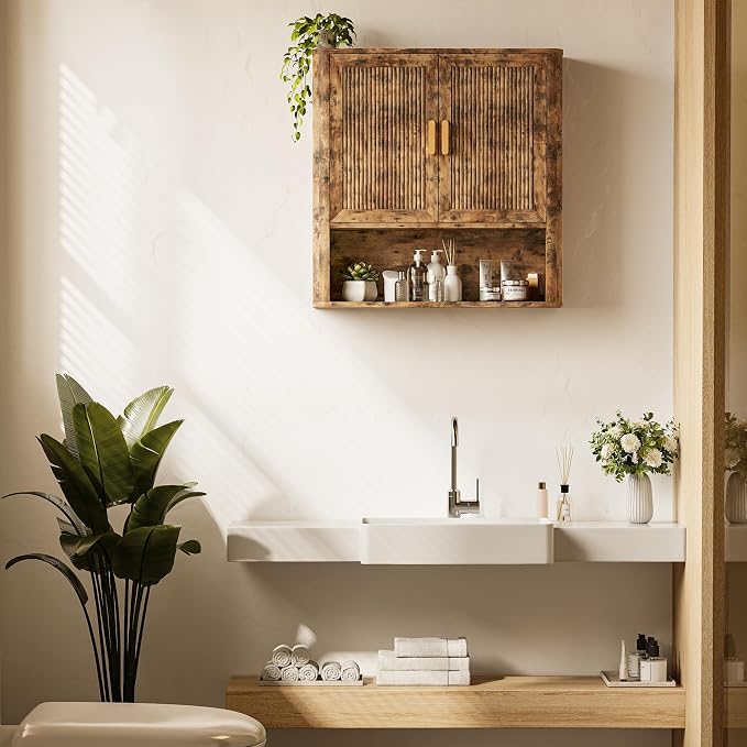 INNOD Bathroom Wall Cabinet, Wall-Mounted Medicine Cabinet with Adjustable Wood Shelf & Doors, Floating Bathroom Cabinet Over Toilet for Laundry Room & Kitchen & Living Room (Retro)