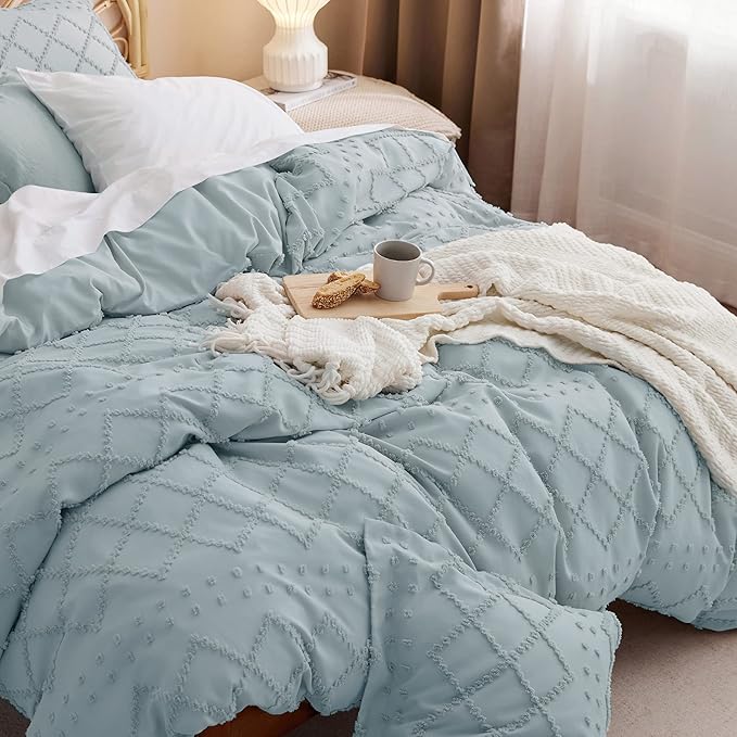 Bedsure Boho Duvet Cover King Size - Dusty Blue Breathable & Soft Boho Bedding, Machine Washable Comforter Cover for All Seasons, Includes 1 Duvet Cover 104"x90" with 2 Pillow Shams & Zipper Closure