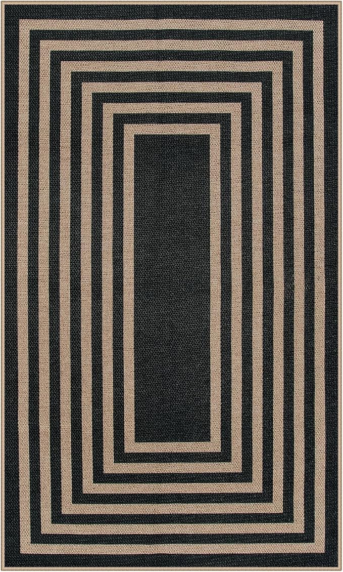 Lahome Enfys Modern Geometric Easy Jute Outdoor Rug, 3x5 Black Indoor Outdoor Carpet for Living Room Entryway, Farmhouse Non Slip Non Shedding Washable Area Rug for Patio Courtyard Bedroom