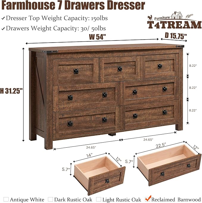 T4TREAM Farmhouse 7 Drawers Dresser for Bedroom, Wood Rustic Dresser Tv Stand, Storage Dressers Organizer for Bedroom, Living Room,Hallway, Reclaimed Barnwood