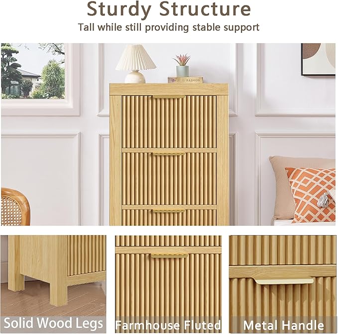 Modern 8-Drawer Solid Wood Dresser with Fluted Front & Gold Handles, Multifunctional Tall Storage Chest, for Hallway, Entryway, Natural X2