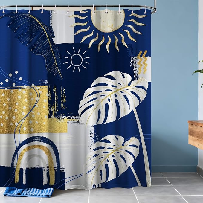Blue and White Mid Century Modern Shower Curtain Bohemian Abstract Navy Blue and Gold Shower Curtains for Bathroom Decor Sets, Waterproof Cloth Fabric with Hooks, 70x78 Inch