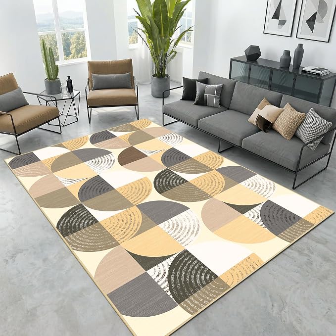 Merelax 5x8 Geometric Rug for Livingroom Bedroom - Washable Non-Slip Abstract Multi-Color Area Rug, Indoor Floor Carpet Low Pile Soft Rug for Dining Room, Mudroom, Modern Aesthetic Decor, Light Tan