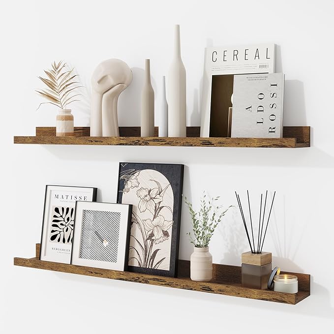 RICHFOCUS Picture Ledge Shelf, 30 inch Floating Shelves Set of 2, Wood Wall Shelves with Lip, Wall Decor Storage for Bedroom Living Room Bathroom Kitchen Nursery Photo Picture, Rustic Brown