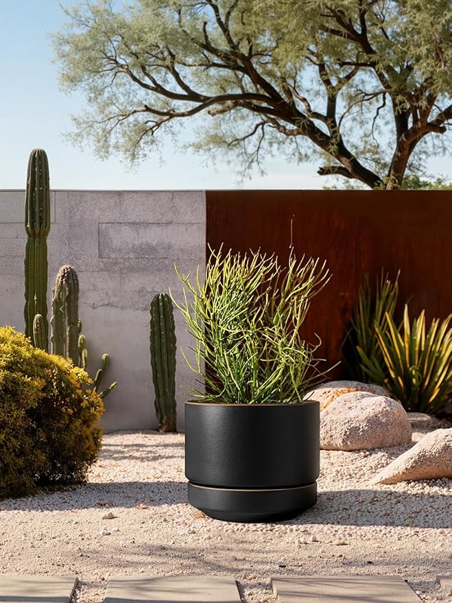 LE TAUCI 14 Inch Large Plant Pot with Saucer, Ceramic Outdoor & Indoor Big Planter with Drainage Hole, Mesh Pad & Plug Included, Matte Glazed Outside, Modern for Home and Patio, Obsidian Black & Ochre