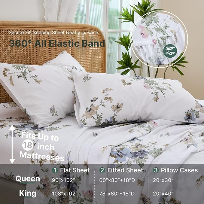 100% Cotton Sheet Set Queen Size – 4-Piece Vintage Chic Floral Bedding Set, Soft Breathable Percale Weave, Deep Pocket Fitted Sheet 17.5", Crisp Cool Feel, Refined Botanical Elegance