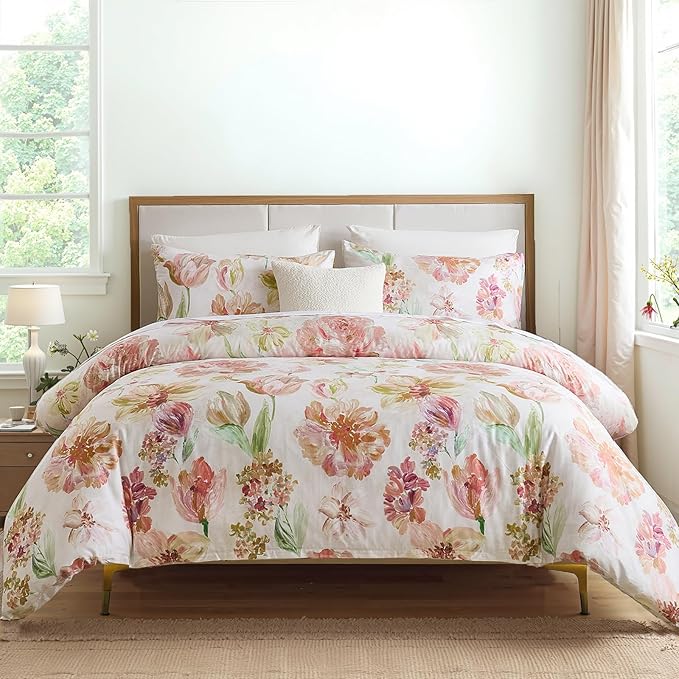 100% Cotton Duvet Cover Set Queen Size – Pink Watercolor Floral Bedding with Zipper Closure, 3-Piece Silky Soft Botanical Comforter Cover with 2 Pillowcases