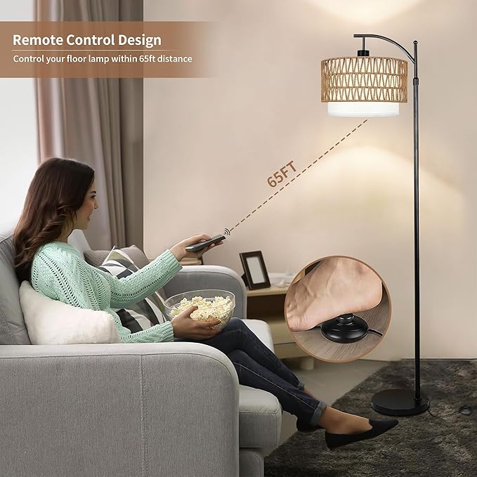 ZECOXOL Arc Floor Lamp with Table and Shelves,Rattan Boho Floor Lamp with Remote Control,Rustic Floor Lamps for Bedroom Wicker Standing Lamp with 3 Color Temperature Tall Lamp for Living Room Corner