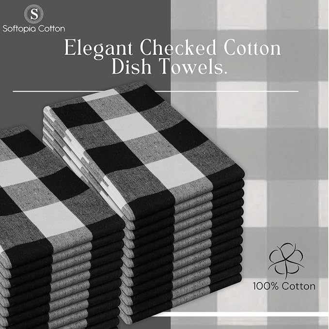 Black Buffalo Check Plaid Kitchen Towels, 12 Pack, 100% Cotton, 16x26 Inches, Super Absorbent, Quick Dry, Soft, Dish Drying & Cleaning Towels with Hanging Loop, Black and White