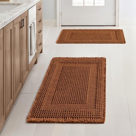 MIULEE Set of 2 Waffle Bathroom Rugs, Terracotta Boho Bath Rug Super Absorbent, Non Slip Washable Ultra Soft Rubber Backed Shower Bath Mats for Floor, Tub, Shower, Looped Design, Caramel, 17x24 Inch